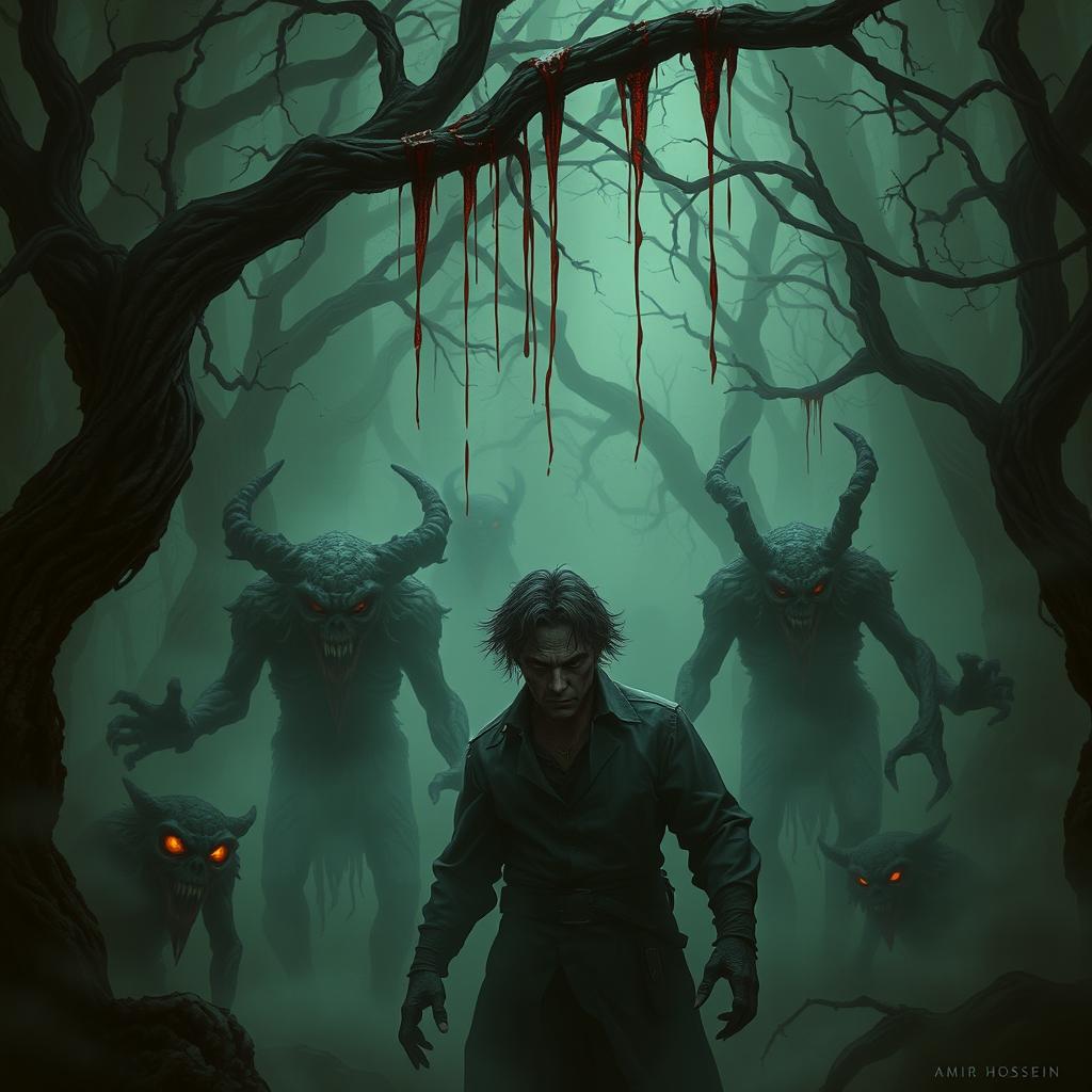 A dark and horrifying forest scene featuring a character named AMIR HOSSEIN