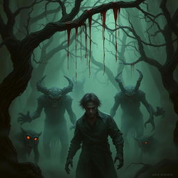 A dark and horrifying forest scene featuring a character named AMIR HOSSEIN