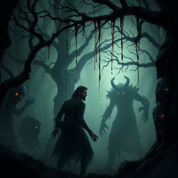 A dark and horrifying forest scene featuring a character named AMIR HOSSEIN