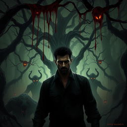 A dark and horrifying forest scene featuring a character named AMIR HOSSEIN
