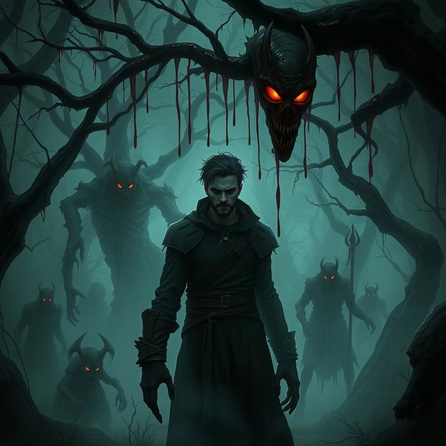 A dark and horrifying forest scene featuring a character named AMIR HOSSEIN