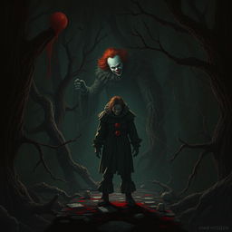 A chilling scene featuring a character named AMIR HOSSEIN standing amidst a dark, eerie forest with a haunting spirit reminiscent of Pennywise the clown