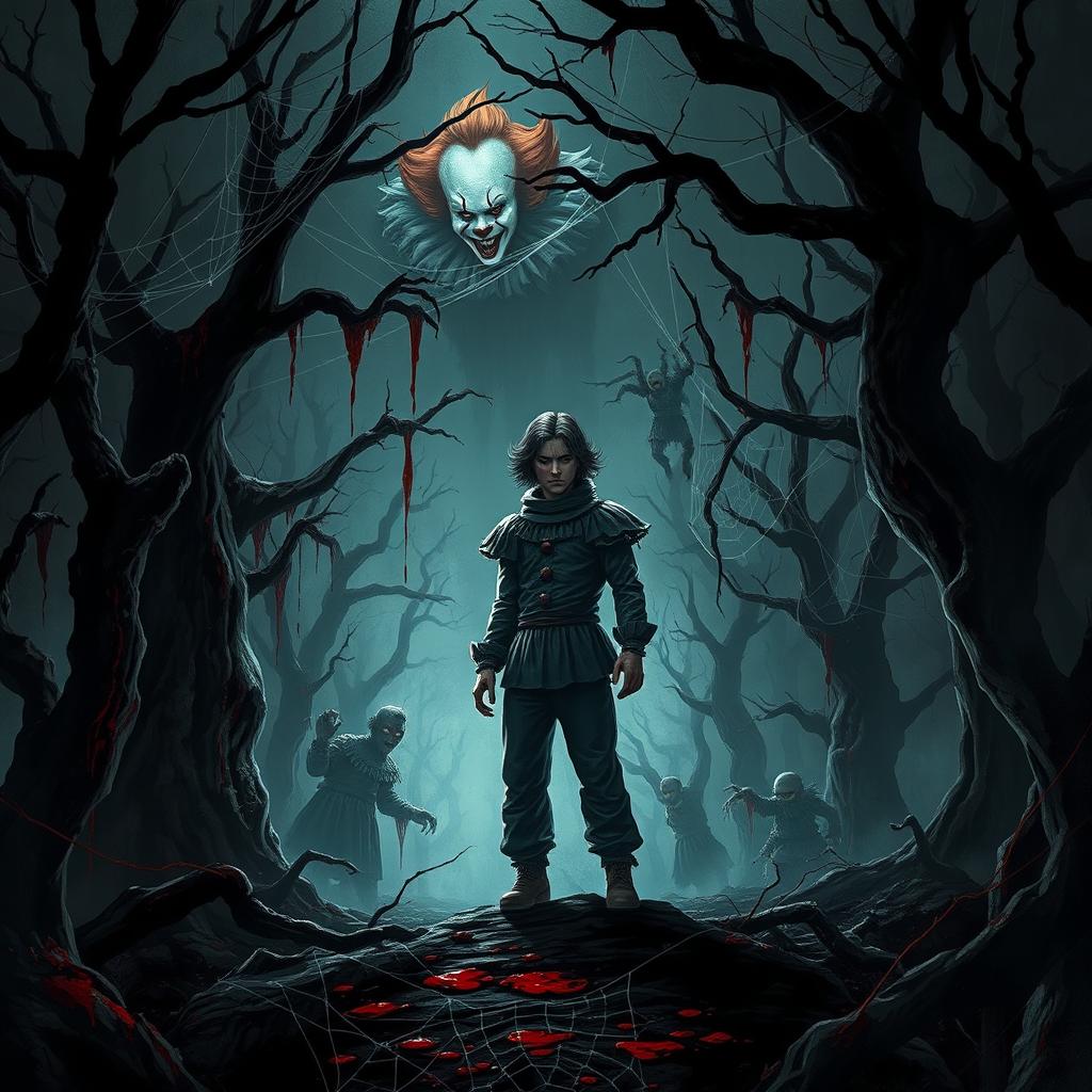 A chilling scene featuring a character named AMIR HOSSEIN standing amidst a dark, eerie forest with a haunting spirit reminiscent of Pennywise the clown
