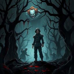A chilling scene featuring a character named AMIR HOSSEIN standing amidst a dark, eerie forest with a haunting spirit reminiscent of Pennywise the clown