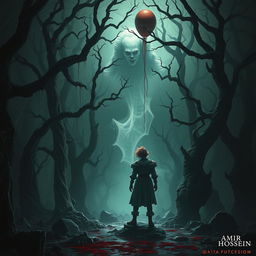 A chilling scene featuring a character named AMIR HOSSEIN standing amidst a dark, eerie forest with a haunting spirit reminiscent of Pennywise the clown