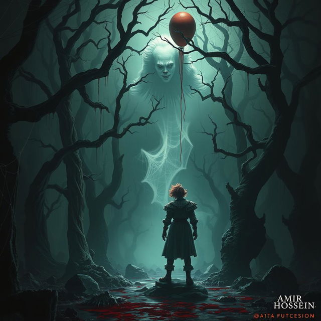 A chilling scene featuring a character named AMIR HOSSEIN standing amidst a dark, eerie forest with a haunting spirit reminiscent of Pennywise the clown