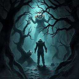 A chilling scene featuring a character named AMIR HOSSEIN standing amidst a dark, eerie forest with a haunting spirit reminiscent of Pennywise the clown