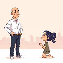 A cartoon illustration featuring Jeff Bezos standing proudly in front of a girl who is kneeling before him