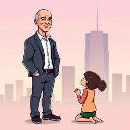 A cartoon illustration featuring Jeff Bezos standing proudly in front of a girl who is kneeling before him