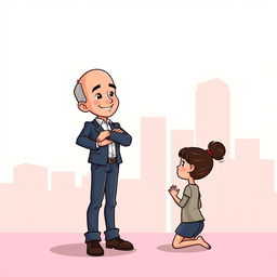 A cartoon illustration featuring Jeff Bezos standing proudly in front of a girl who is kneeling before him