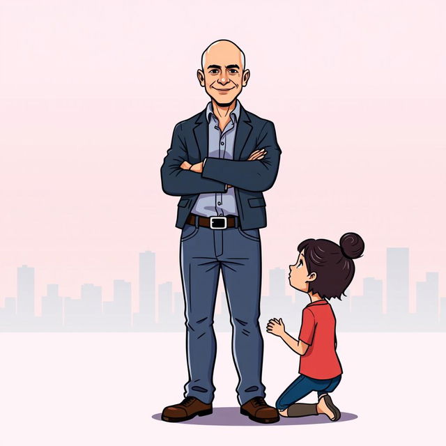 A cartoon illustration featuring Jeff Bezos standing proudly in front of a girl who is kneeling before him