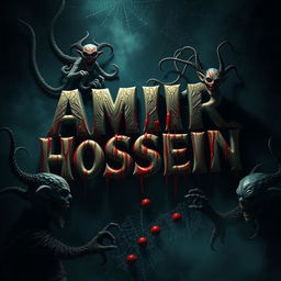 A terrifying scene featuring the name 'AMIR HOSSEIN' in a horrifying clown-style font, surrounded by eerie and grotesque creatures along with sinister-looking djinns