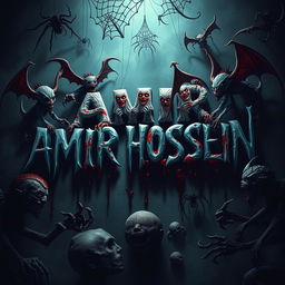 A terrifying scene featuring the name 'AMIR HOSSEIN' in a horrifying clown-style font, surrounded by eerie and grotesque creatures along with sinister-looking djinns