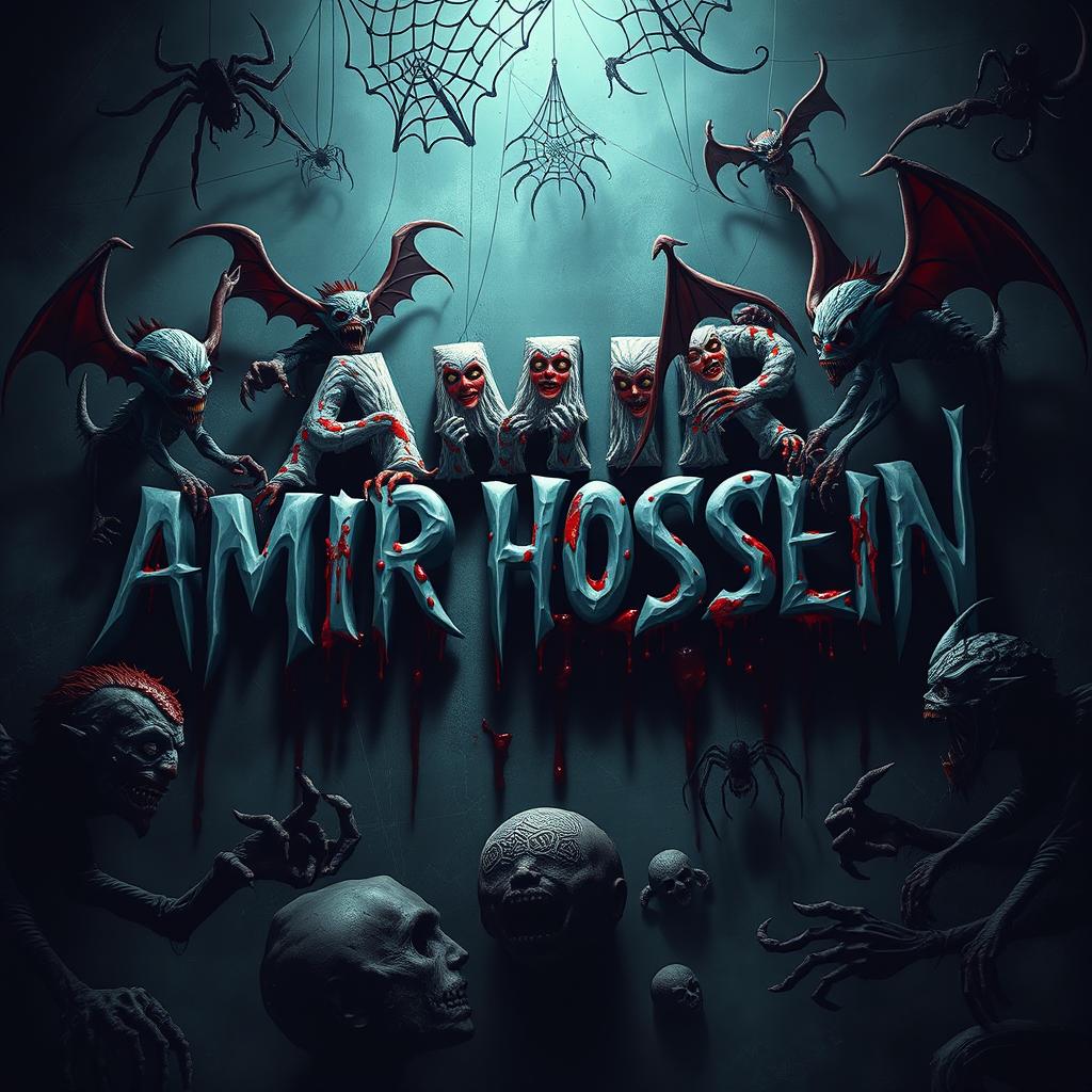 A terrifying scene featuring the name 'AMIR HOSSEIN' in a horrifying clown-style font, surrounded by eerie and grotesque creatures along with sinister-looking djinns