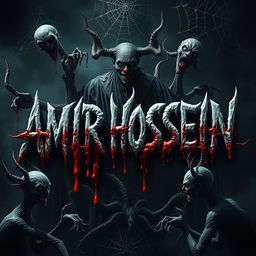 A terrifying scene featuring the name 'AMIR HOSSEIN' in a horrifying clown-style font, surrounded by eerie and grotesque creatures along with sinister-looking djinns