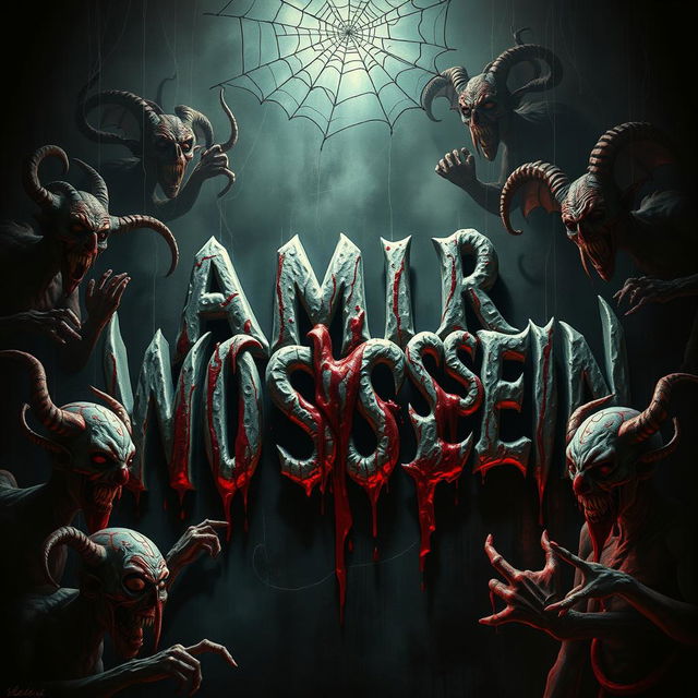 A terrifying scene featuring the name 'AMIR HOSSEIN' in a horrifying clown-style font, surrounded by eerie and grotesque creatures along with sinister-looking djinns