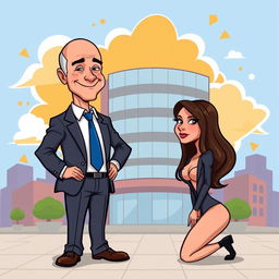 A cartoon illustration featuring Jeff Bezos standing confidently in front of a sexy girl who is kneeling before him
