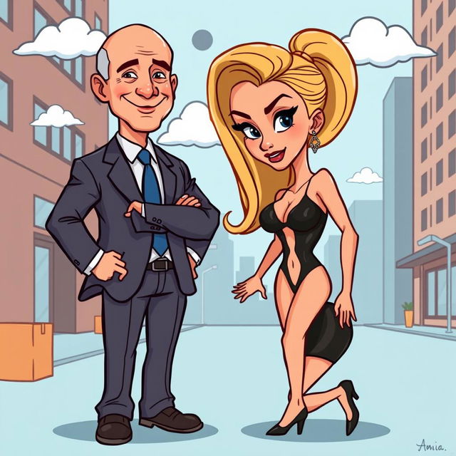 A cartoon illustration featuring Jeff Bezos standing confidently in front of a sexy girl who is kneeling before him