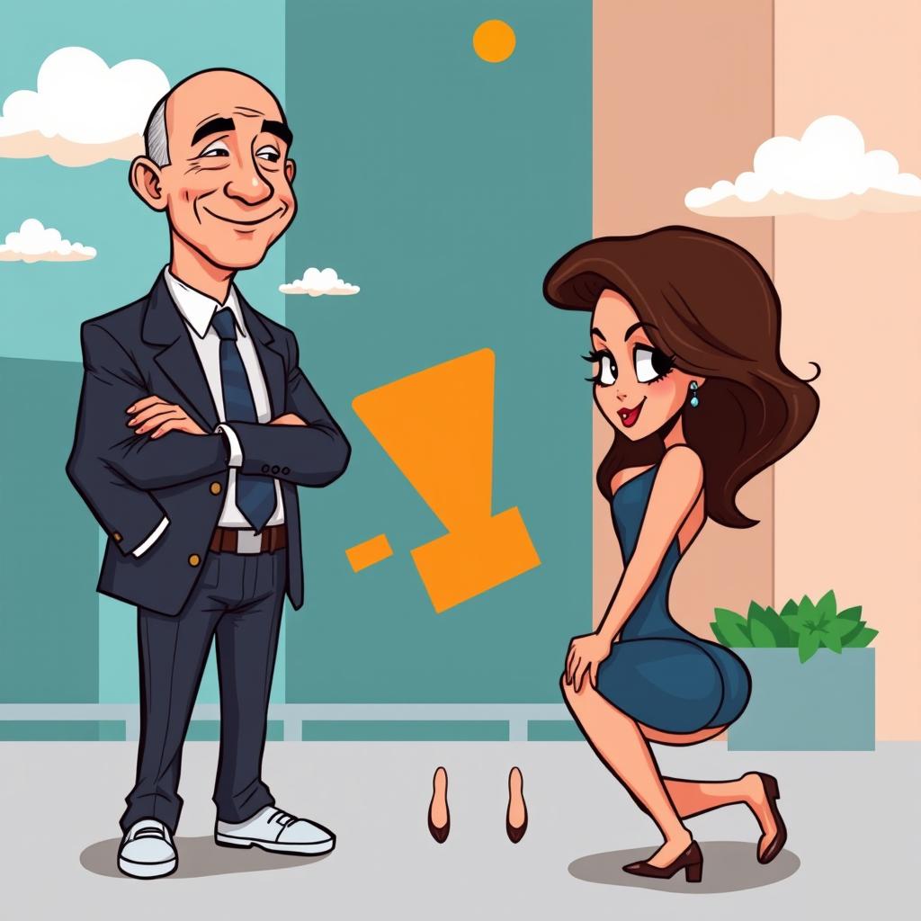 A cartoon illustration featuring Jeff Bezos standing confidently in front of a sexy girl who is kneeling before him