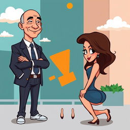 A cartoon illustration featuring Jeff Bezos standing confidently in front of a sexy girl who is kneeling before him