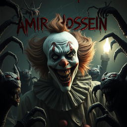 A terrifying clown character named AMIR HOSSEIN, surrounded by horrifying creatures and demons, blood dripping from his name, creating a nightmarish atmosphere