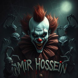 A terrifying clown character named AMIR HOSSEIN, surrounded by horrifying creatures and demons, blood dripping from his name, creating a nightmarish atmosphere