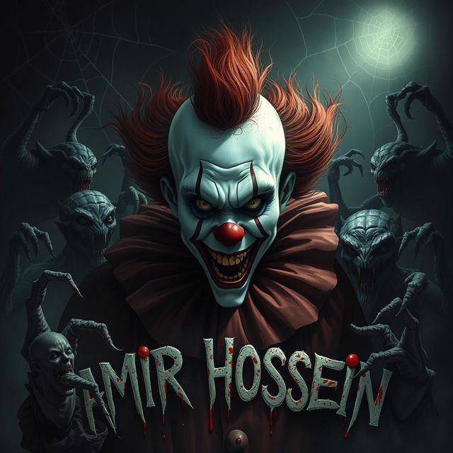 A terrifying clown character named AMIR HOSSEIN, surrounded by horrifying creatures and demons, blood dripping from his name, creating a nightmarish atmosphere