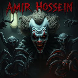 A terrifying clown character named AMIR HOSSEIN, surrounded by horrifying creatures and demons, blood dripping from his name, creating a nightmarish atmosphere
