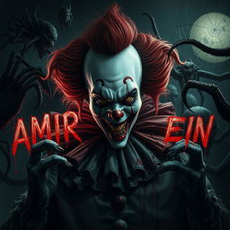 A terrifying clown character named AMIR HOSSEIN, surrounded by horrifying creatures and demons, blood dripping from his name, creating a nightmarish atmosphere