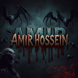 The name 'AMIR HOSSEIN' in a terrifying horror-themed style, surrounded by horrifying creatures and demons
