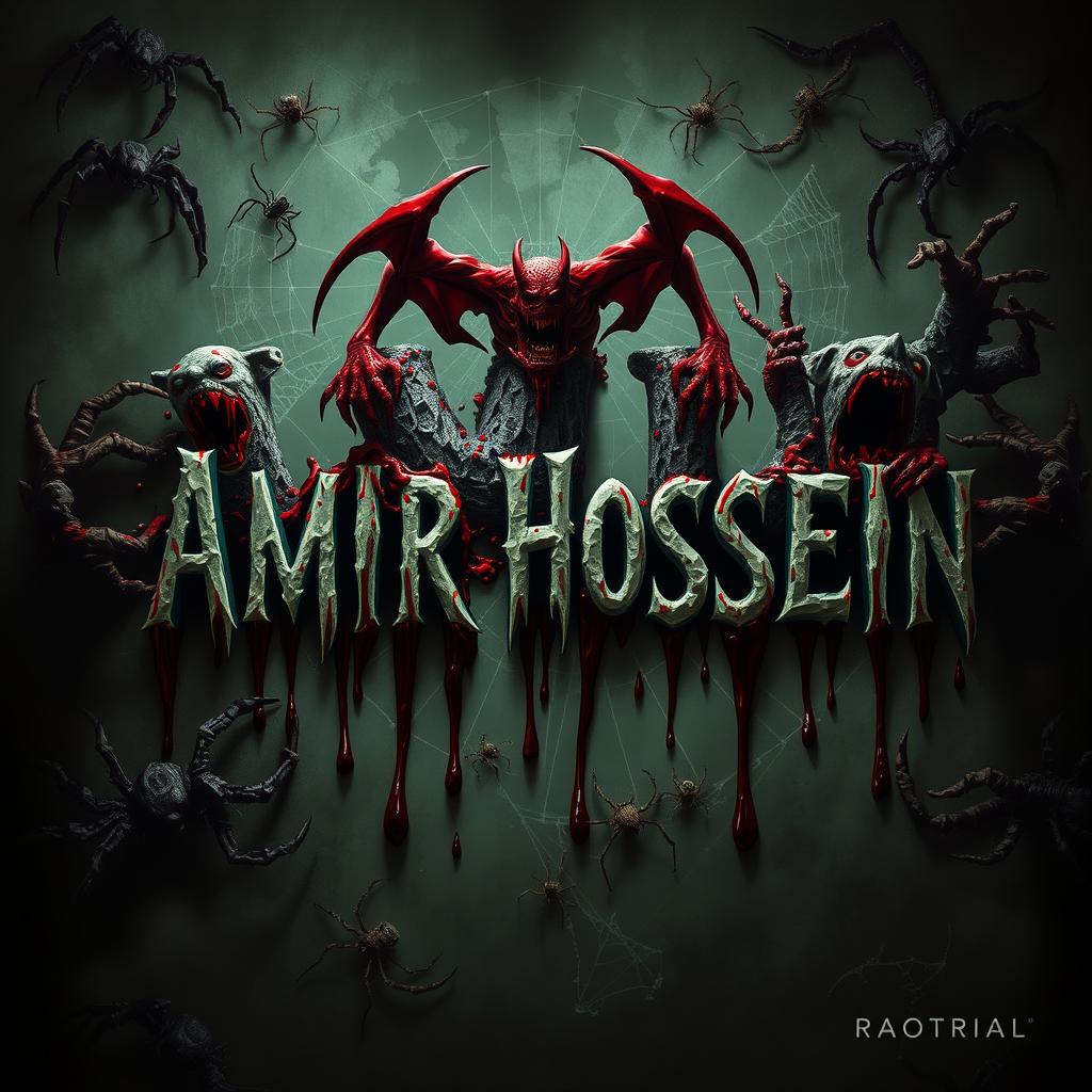 The name 'AMIR HOSSEIN' in a terrifying horror-themed style, surrounded by horrifying creatures and demons