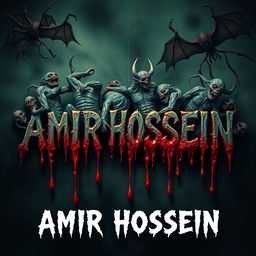 The name 'AMIR HOSSEIN' in a terrifying horror-themed style, surrounded by horrifying creatures and demons
