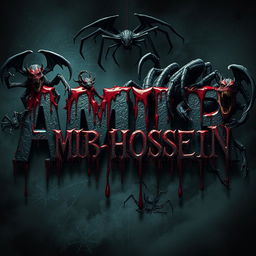 The name 'AMIR HOSSEIN' in a terrifying horror-themed style, surrounded by horrifying creatures and demons