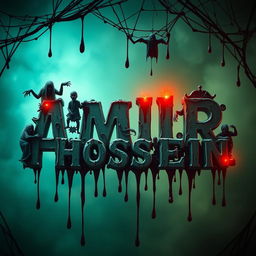 A terrifying and chilling scene featuring the name 'AMIR HOSSEIN' in the center, decorated in a horror-themed style
