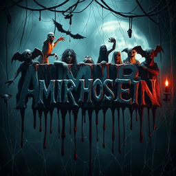 A terrifying and chilling scene featuring the name 'AMIR HOSSEIN' in the center, decorated in a horror-themed style