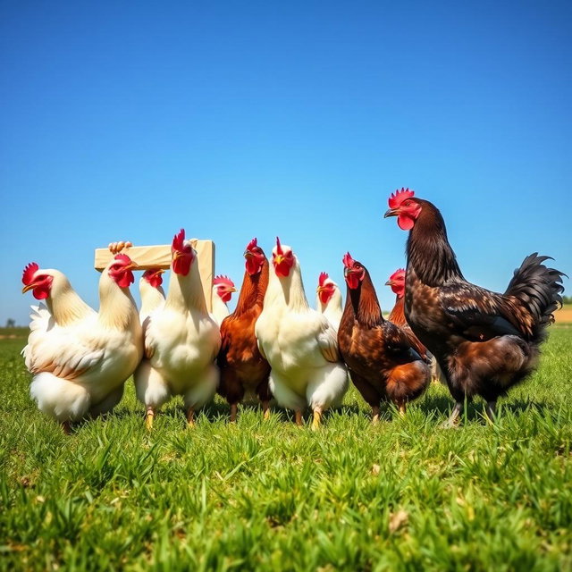 A vibrant and engaging photo of several chickens gathered in a sunny, green field, creatively positioned to form the number 701