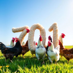 A vibrant and engaging photo of several chickens gathered in a sunny, green field, creatively positioned to form the number 701
