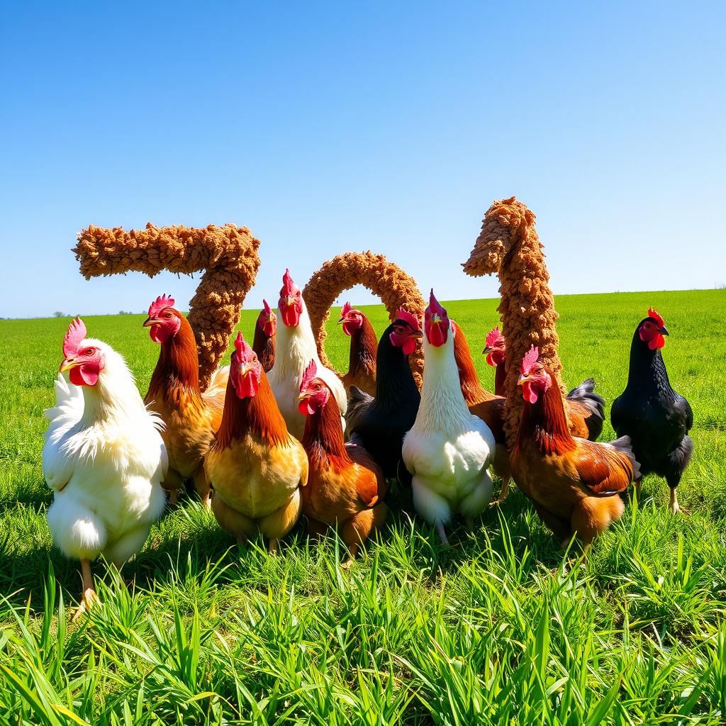 A vibrant and engaging photo of several chickens gathered in a sunny, green field, creatively positioned to form the number 701