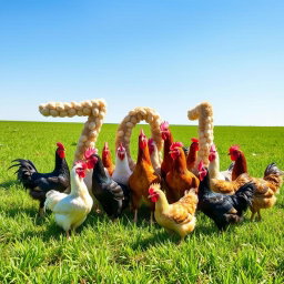 A vibrant and engaging photo of several chickens gathered in a sunny, green field, creatively positioned to form the number 701