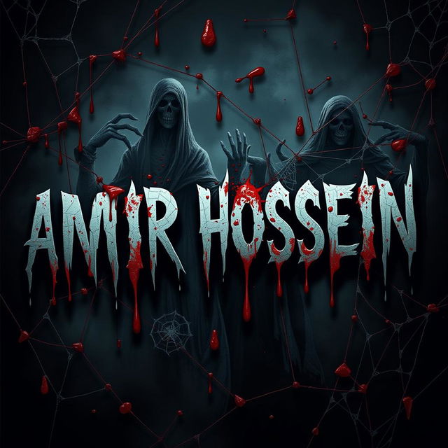 The name 'AMIR HOSSEIN' prominently displayed in a terrifying, horror-themed design, surrounded by dark, ominous blood splatters