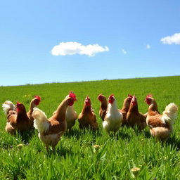 A picturesque scene featuring several brown and white chickens gathered in a lush green field, strategically positioned to form the number '701'
