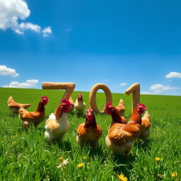 A picturesque scene featuring several brown and white chickens gathered in a lush green field, strategically positioned to form the number '701'