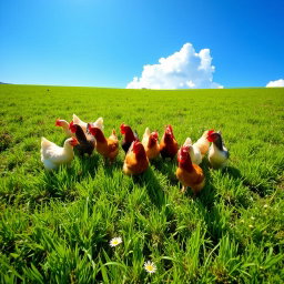 A picturesque scene featuring several brown and white chickens gathered in a lush green field, strategically positioned to form the number '701'