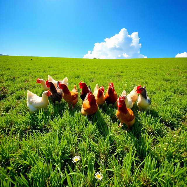 A picturesque scene featuring several brown and white chickens gathered in a lush green field, strategically positioned to form the number '701'