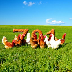 A picturesque scene featuring several brown and white chickens gathered in a lush green field, strategically positioned to form the number '701'
