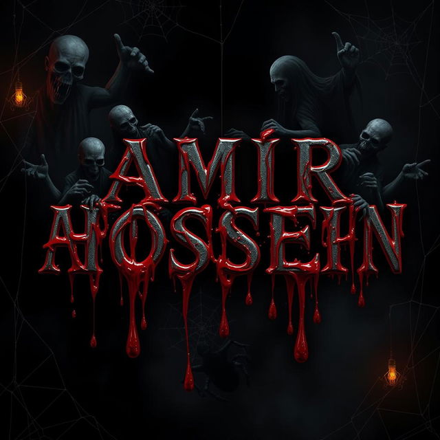 The name 'AMIR HOSSEIN' featured prominently in a chilling horror design, encircled by dark, dripping blood that conveys a sense of fear and dread
