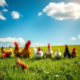 A delightful photo capturing several colorful chickens in a vibrant green field, organized creatively to form the number '701'