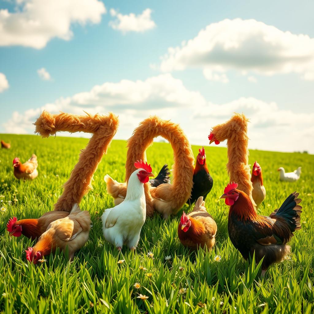 A delightful photo capturing several colorful chickens in a vibrant green field, organized creatively to form the number '701'