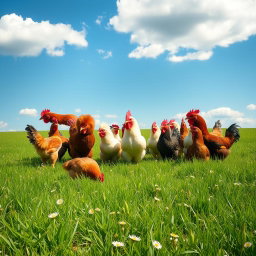 A delightful photo capturing several colorful chickens in a vibrant green field, organized creatively to form the number '701'