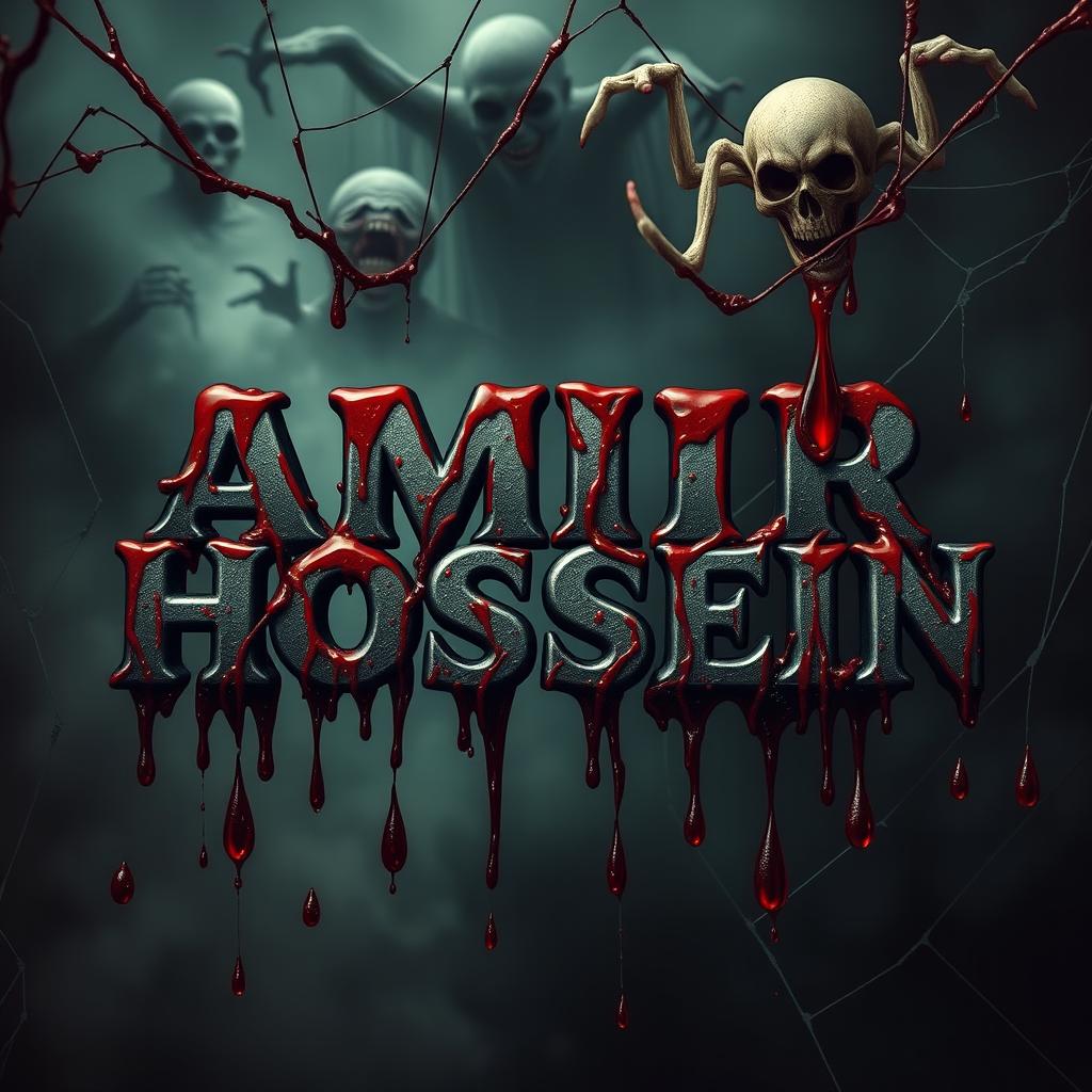 The name 'AMIR HOSSEIN' clearly displayed in a horrifying design, surrounded by dark, dripping blood that amplifies the sense of terror